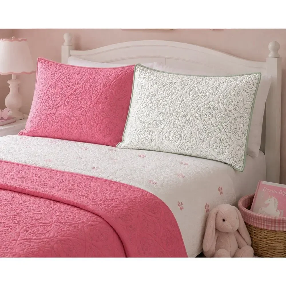 Pottery Barn Kids Pillow Sham Pink Green Paisley Quilted 2 Standard Reversible